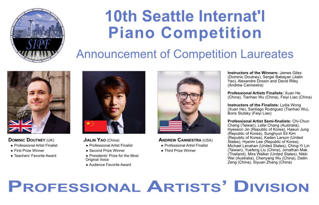 Announcement of Competition Laureates Dominic Doutney (United Kingdom): First Prize Winner, Teachers’ Favorite Award Jialin Yao (China): Second Prize Winner, President’s Prize for the Most Original Voice, Audience Favorite Award Andrew Cannestra (USA): Third Prize Winner Instructors of the Winners: James Giles (Dominic Doutney), Sergei Babayan (Jialin Yao), Alexandre Dossin and David Riley (Andrew Cannestra) Professional Artists Finalists: Xuan He (China), Tianhao Wu (China), Feiyi Liao (China) Instructors of the Finalists: Lydia Wong (Xuan He), Santiago Rodriguez (Tianhao Wu), Boris Slutsky (Feiyi Liao) Professional Artist Semi-finalists: Chi-Chun Chang (Taiwan), Lefei Chang (Australia), Hyeseon Jin (Republic of Korea), Haeun Jung (Republic of Korea), Sunghyun Eli Kim (Republic of Korea), Kaden Larson (United States), Hyerim Lee (Republic of Korea), Michael Lenahan (United States), Ching-Yi Lin (Taiwan), Yuefeng Liu (China), Jonathan Mak (Thailand), Mira Walker (United States), Nikki Wei (Australia), Chenyang Wu (China), Dailin Zeng (China), Siyuan Zhang (China)